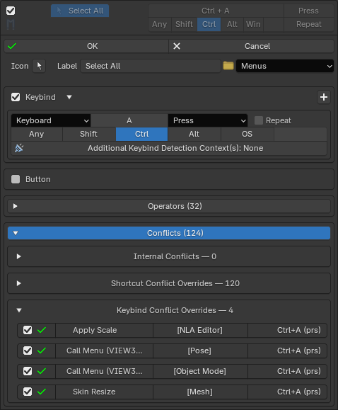 Shortcut and keybind conflict rows on an entry
