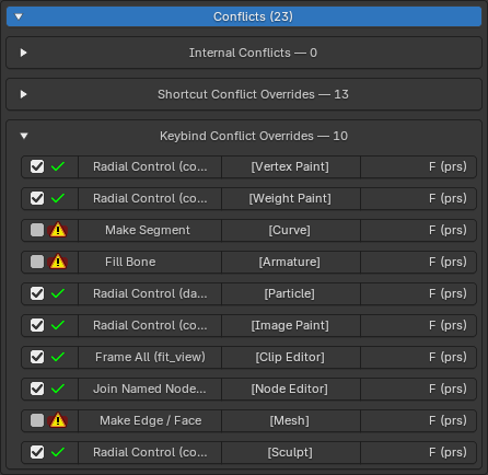 An entry's keybind conflict overrides, with three manually disabled