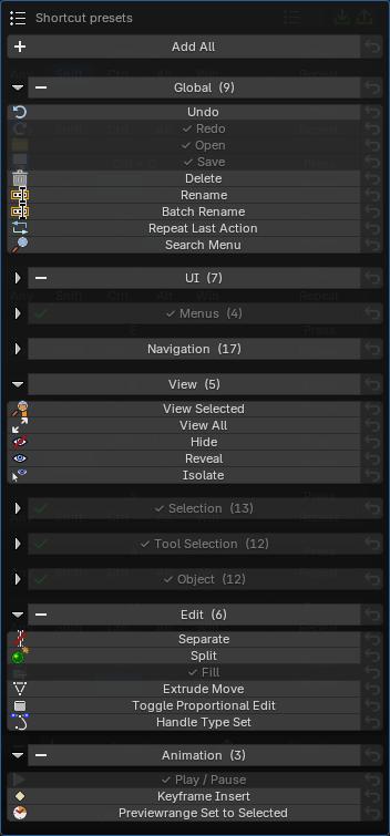 The Shortcut Presets popup