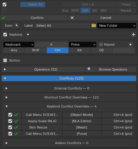 Shortcut and keybind conflict rows on an entry