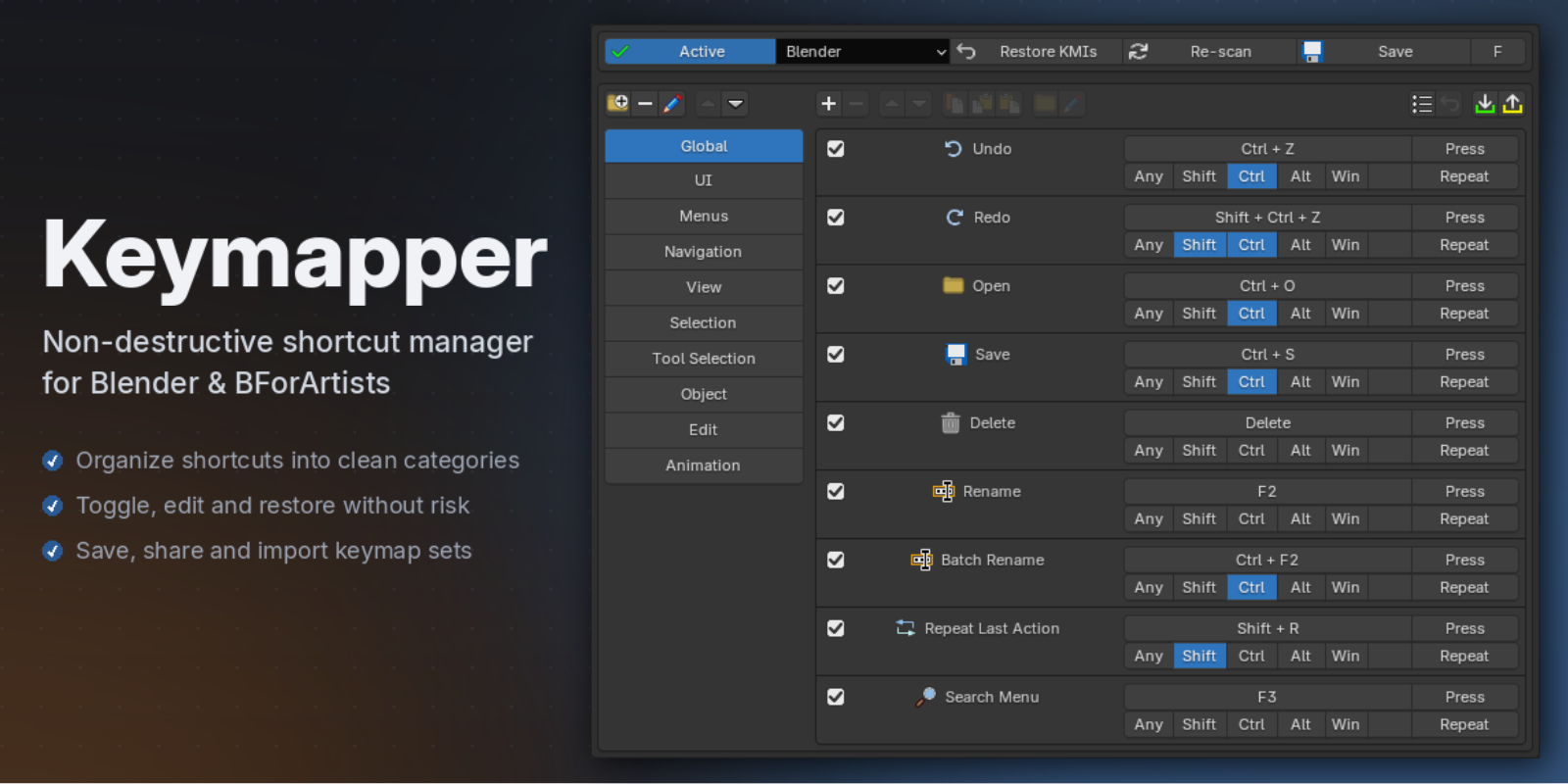 Keymapper — non-destructive shortcut manager for Blender & Bforartists