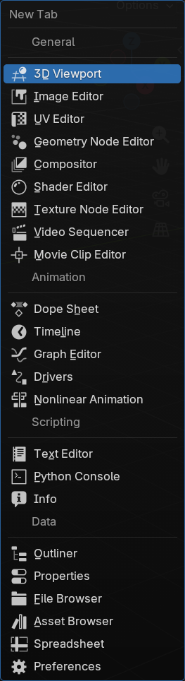 The right-click New Tab list, every editor grouped by category