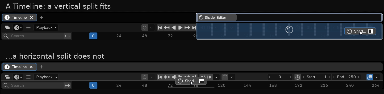A Timeline twice: a vertical split, with the preview grown into the half it would make, above a horizontal split refused, with the preview left at its resting size and drawn grey