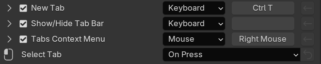 The four shortcut rows: New Tab, Show/Hide Tab Bar, Tabs Context Menu and Select Tab