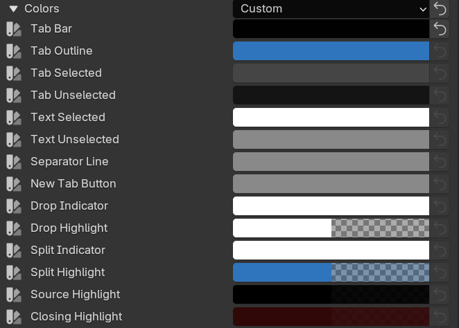 The Colors row set to Custom with all fourteen colour rows open