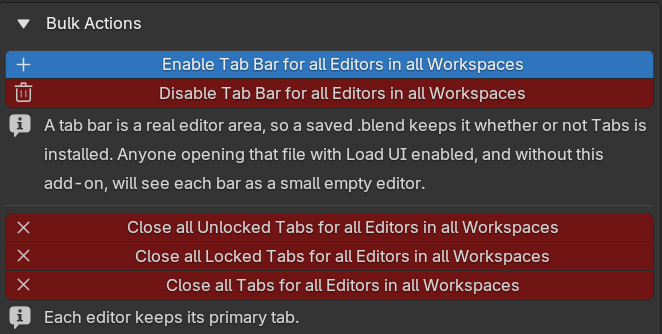 The Bulk Actions section of the add-on preferences