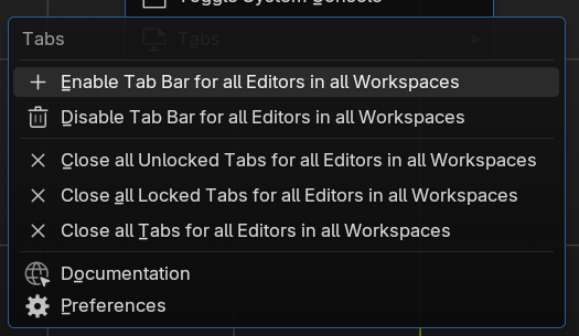 The Tabs submenu in Blender's Window menu