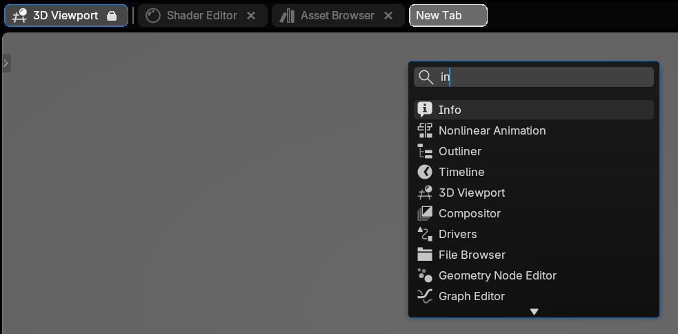 The Ctrl+T search box over an editor, sh typed into it and eight matching editors listed, with a placeholder New Tab lit at the end of the bar