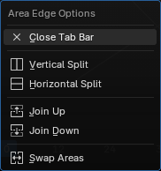 The Tabs edge menu on an edge that has a tab bar: Close Tab Bar, Vertical and Horizontal Split, Join Up, Join Down, Swap Areas