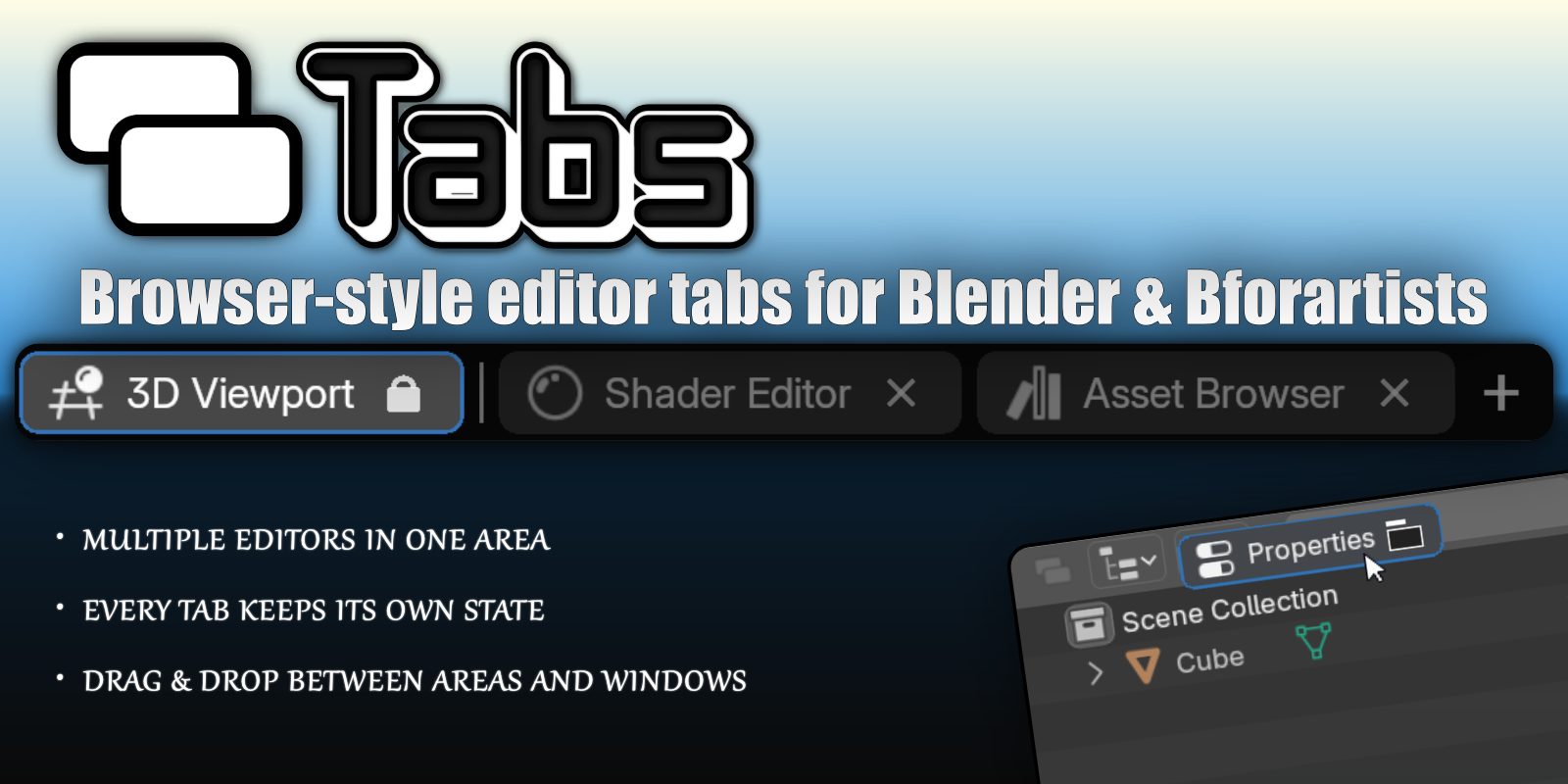 Tabs — browser-style editor tabs for Blender & Bforartists